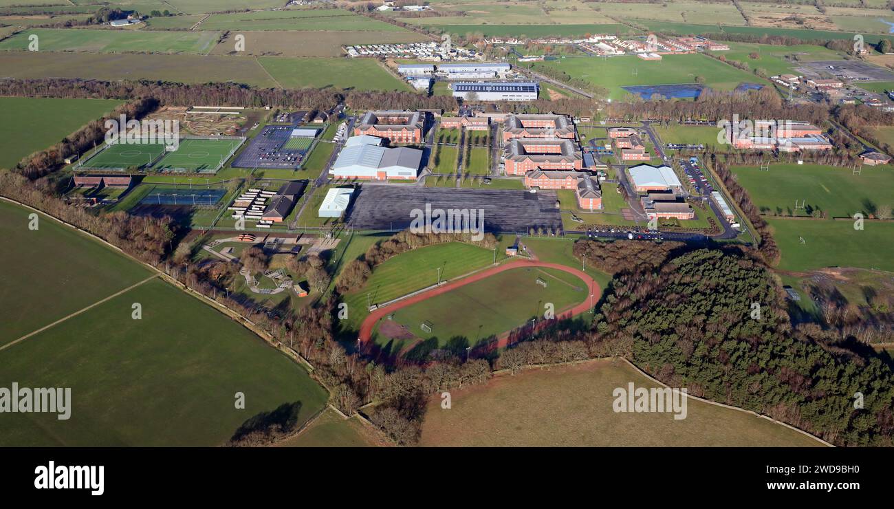 Veduta aerea dell'Army Foundation College, Uniacke Barracks, vicino ad Harrogate, North Yorkshire. È Un'unità di addestramento militare per l'esercito britannico. Foto Stock