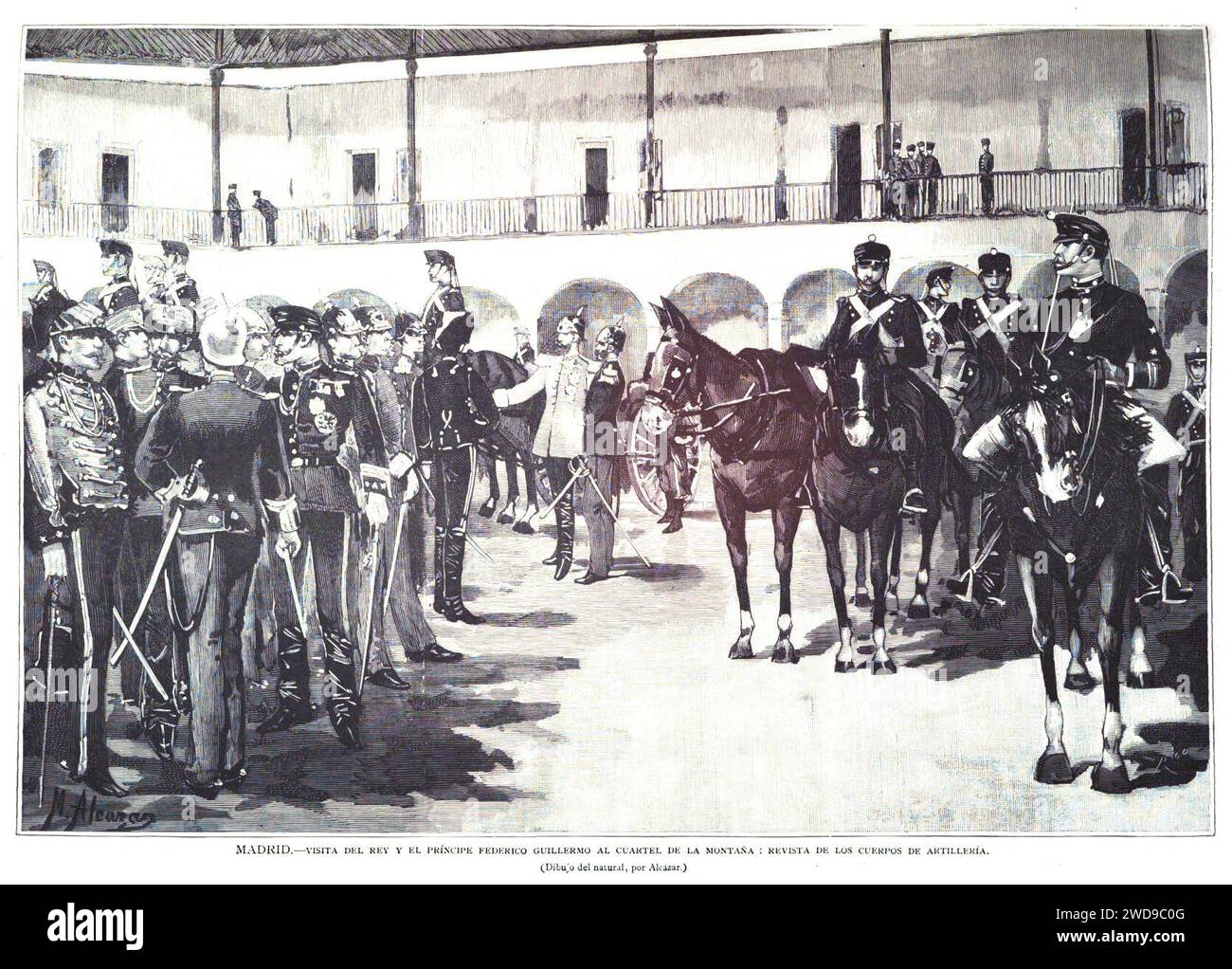 1883-12-15, la Ilustración Española y americana, Madrid.—visita del rey y y el Príncipe Federico Guillermo al cuartel de la Montaña, revista de los cuerpos de Artillería. Foto Stock