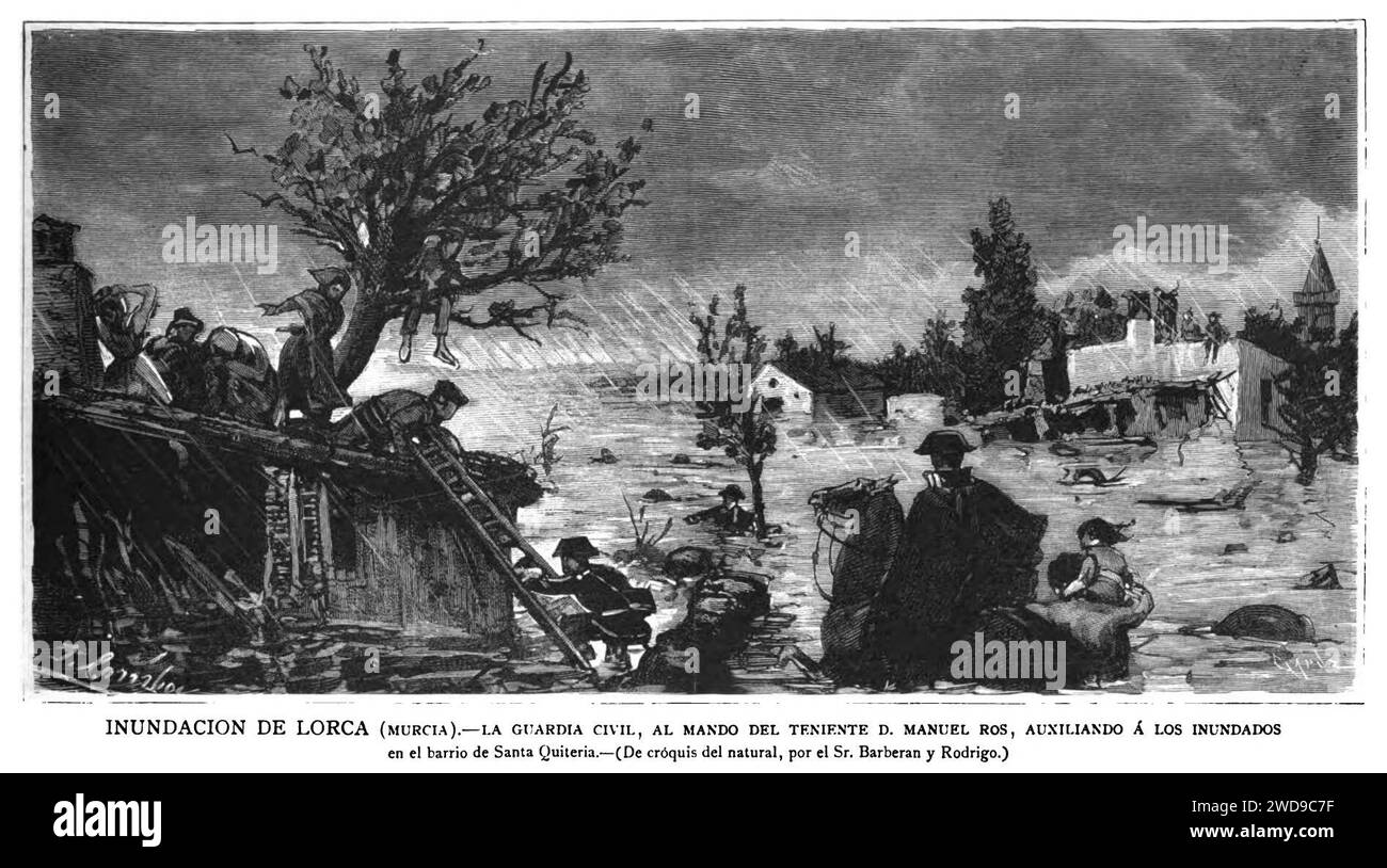 1884-05-30, la Ilustración Española y americana, Inundación de Lorca (Murcia). — La Guardia Civil, al mando del teniente D. Manuel Ros, auxiliando á los inundados en el barrio de Santa Quiteria. Foto Stock