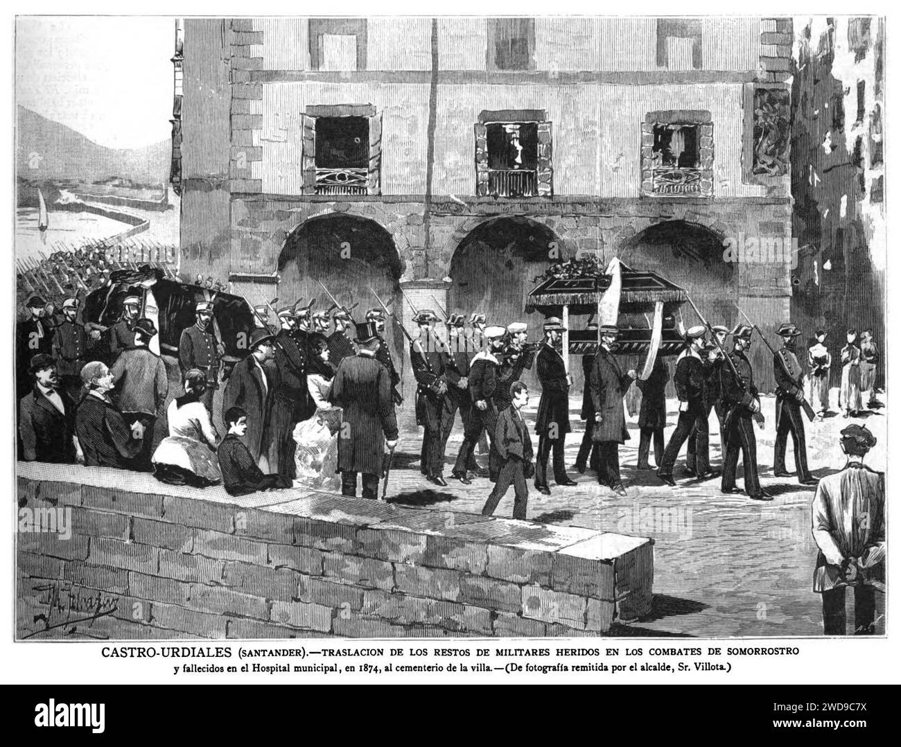 1884-05-30, la Ilustración Española y americana, Castro-Urdiales (Santander).—Traslación de los restos de militares heridos en los combates de Somorrostro y fallecidos en el Hospital Municipal, en 1874, al cementerio de la villa. Foto Stock