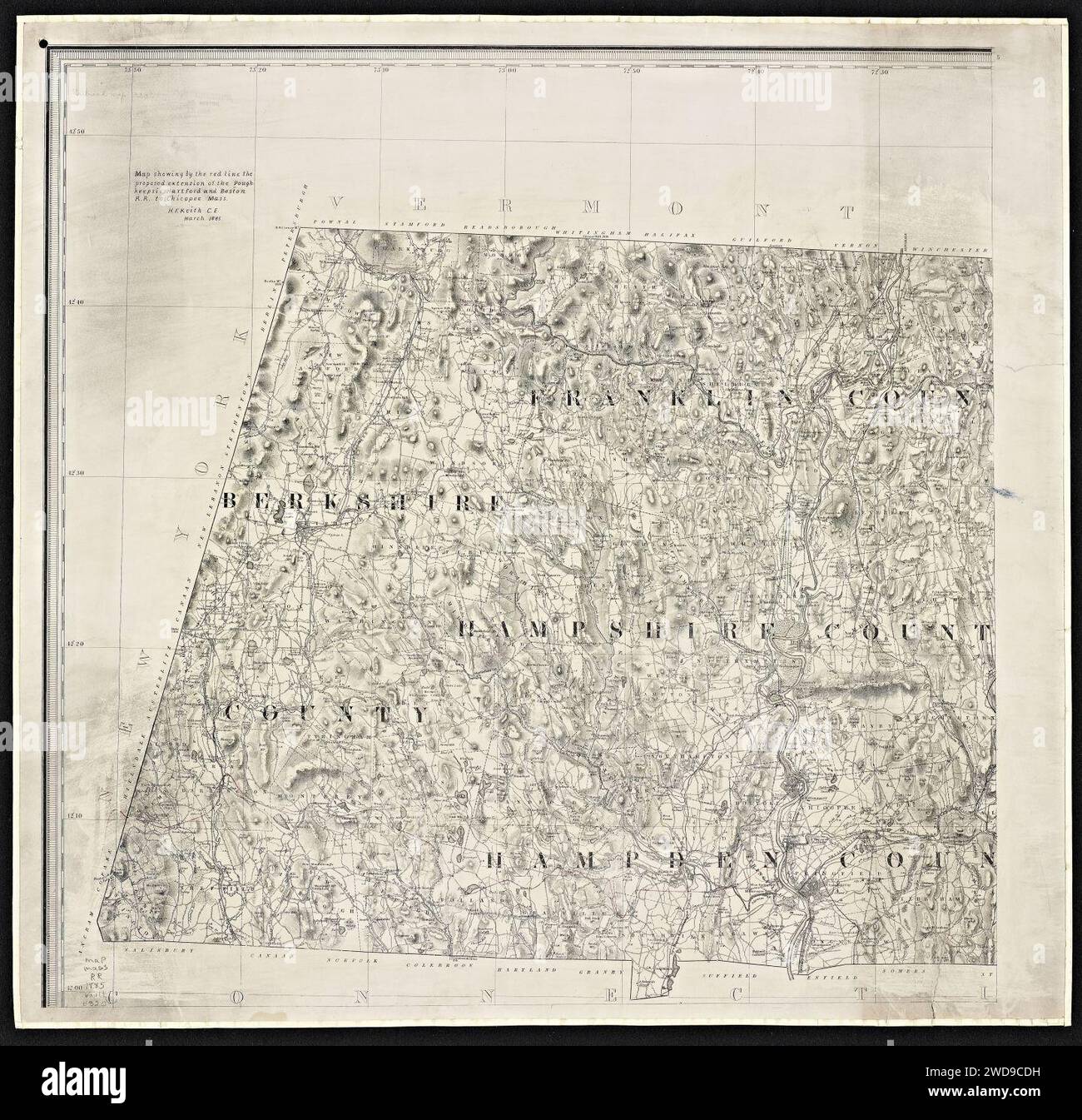 1885 Mappa e profilo che mostra dalla linea rossa l'estensione proposta del Poughkeepsie, Hartford e Boston R.R. a Chicopee, Massachusetts, di Herbert F. Keith, Foto Stock