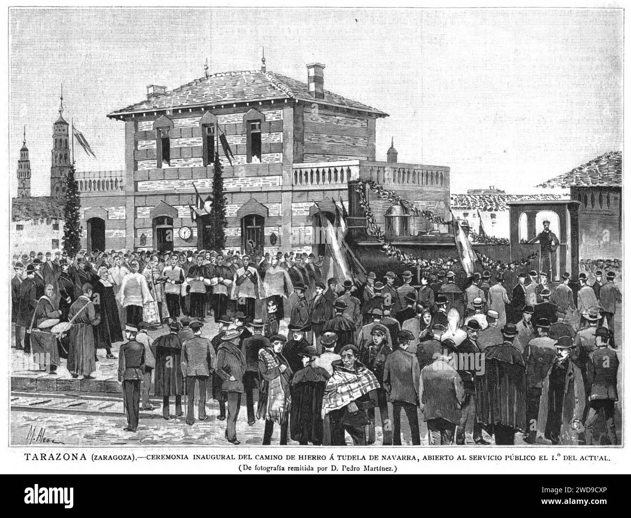 1886-01-22, la Ilustración Española y americana, Tarazona (Saragozza), Ceremonia inaugurale del camino de hierro á Tudela de Navarra, abierto al servicio público el del actual. Foto Stock
