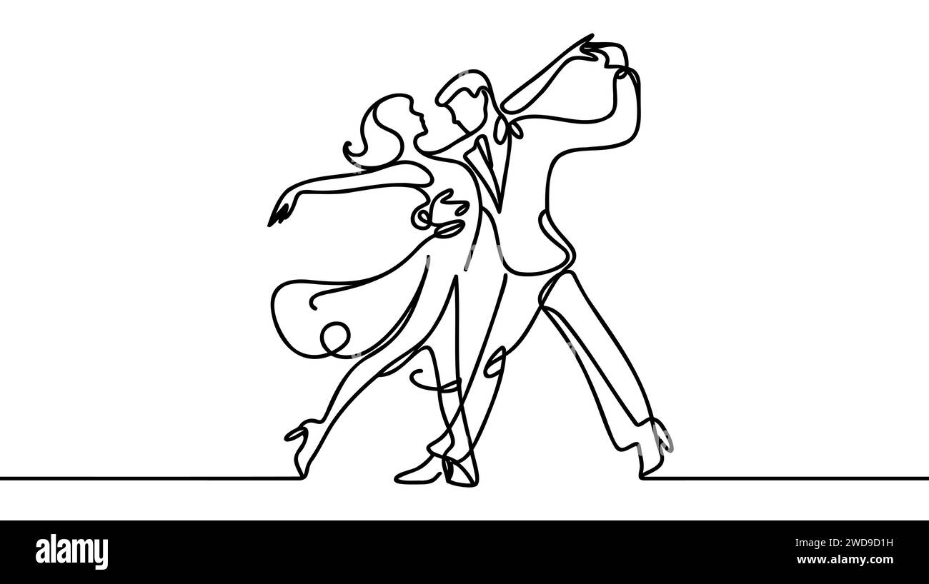 Una sola riga disegna un uomo e una donna sposati felici e carini che ballano sul pavimento al parco delle feste. Romantica coppia di nozze che si tiene per mano e gira Illustrazione Vettoriale