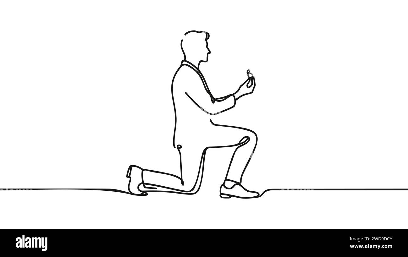 un uomo si alza su un ginocchio e mette un anello al dito della mano sinistra di una donna in piedi accanto a lei - disegno vettoriale disegnato a mano di una sposa e Illustrazione Vettoriale