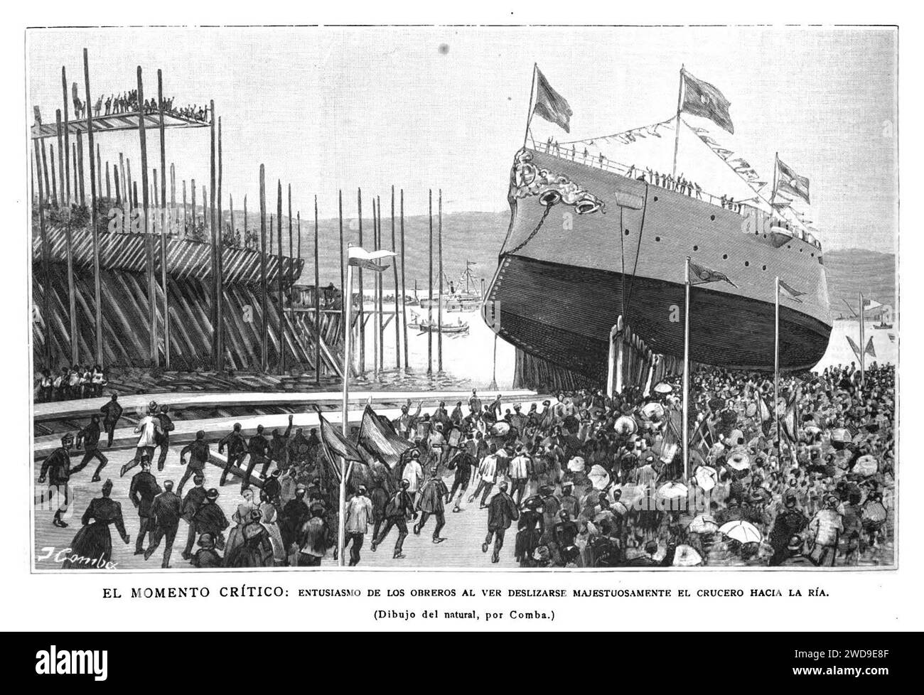 1890-09-15, la Ilustración Española y americana, El momento crítico, entusiasmo de los obreros al ver deslizarse majestuosamente el crucero hacia la Ría. Foto Stock