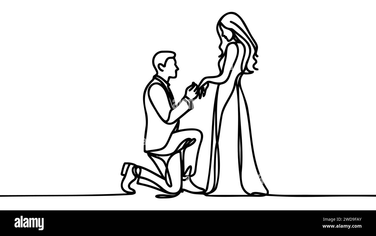 un uomo si alza su un ginocchio e mette un anello al dito della mano sinistra di una donna in piedi accanto a lei - disegno vettoriale disegnato a mano di una sposa e Illustrazione Vettoriale