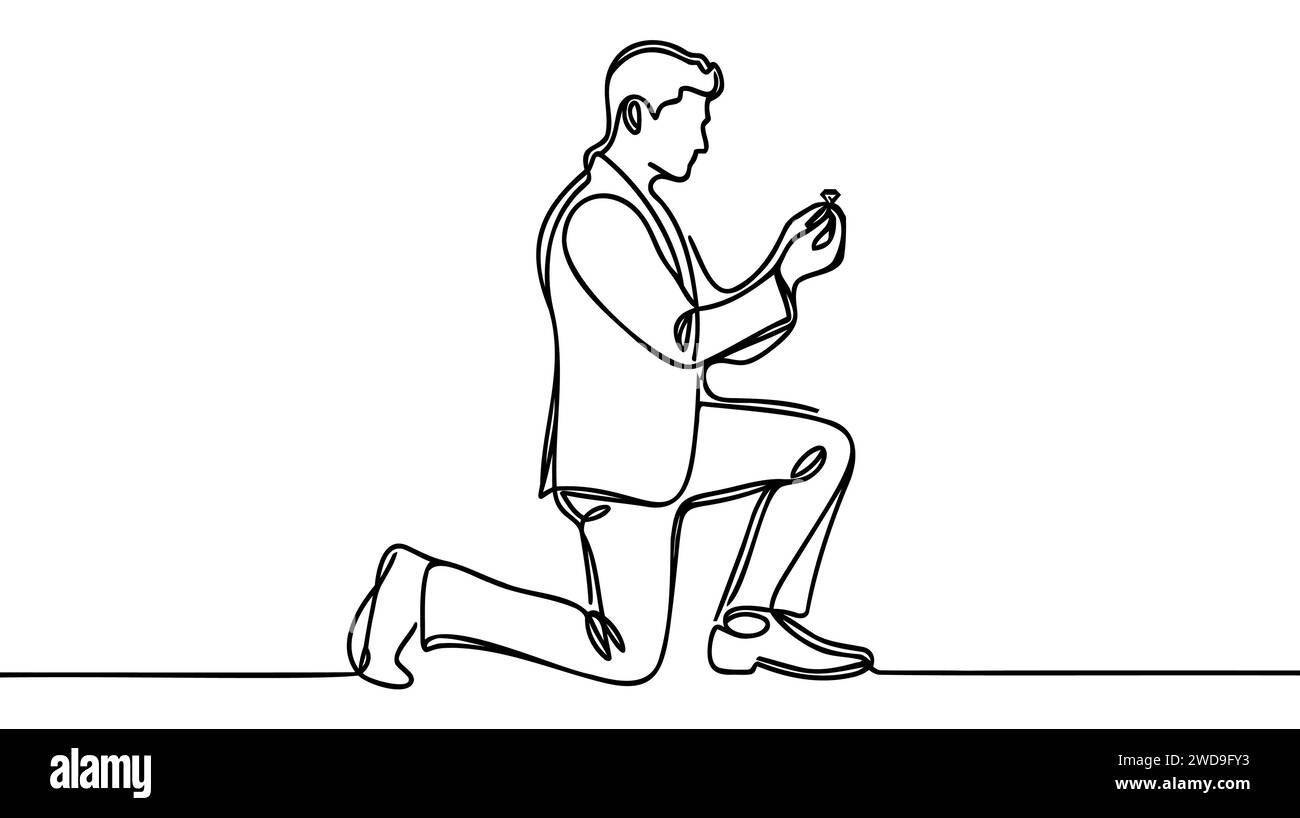 un uomo si alza su un ginocchio e mette un anello al dito della mano sinistra di una donna in piedi accanto a lei - disegno vettoriale disegnato a mano di una sposa e Illustrazione Vettoriale