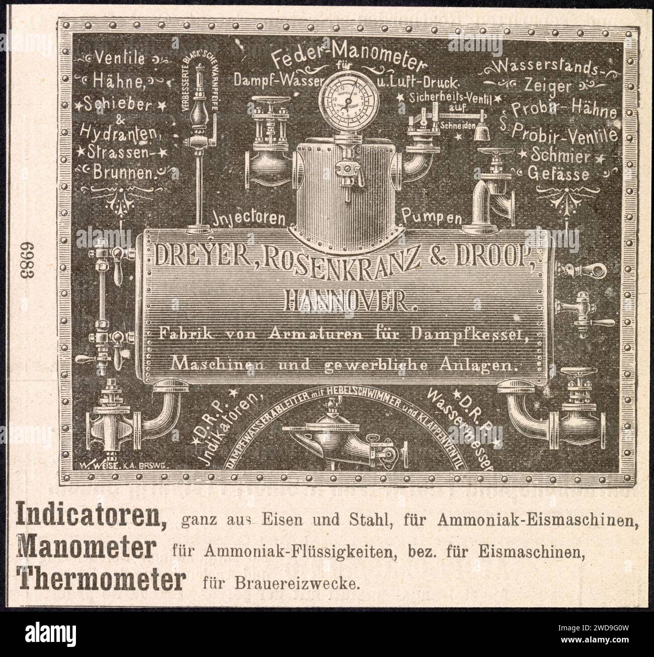 1895-1903 circa W. Weise, Xyolgraphische Anstalt (Braunschweig), illustrierte Anzeige Dreyer, Rosenkranz & droop, Hannover. Foto Stock