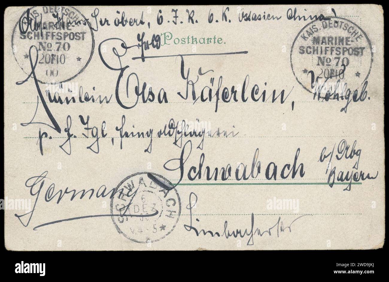 1900-10-20 Ansichtskarte No. 728 Na - warte Krause Klemens von Ketteler Peking SMS Taku Matrosen schlagen Chinesen Kaiserlich Deutsche Marine-Schiffspost No. 70, Adressseite. Foto Stock