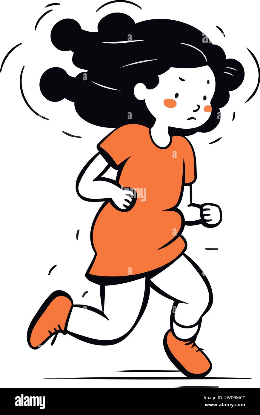 Running girl. Illustrazione vettoriale di una bambina carina con lunghi capelli neri. Illustrazione Vettoriale