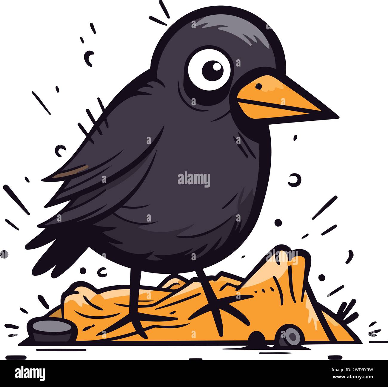 Simpatico uccello nero dei cartoni animati isolato su sfondo bianco. Illustrazione vettoriale. Illustrazione Vettoriale