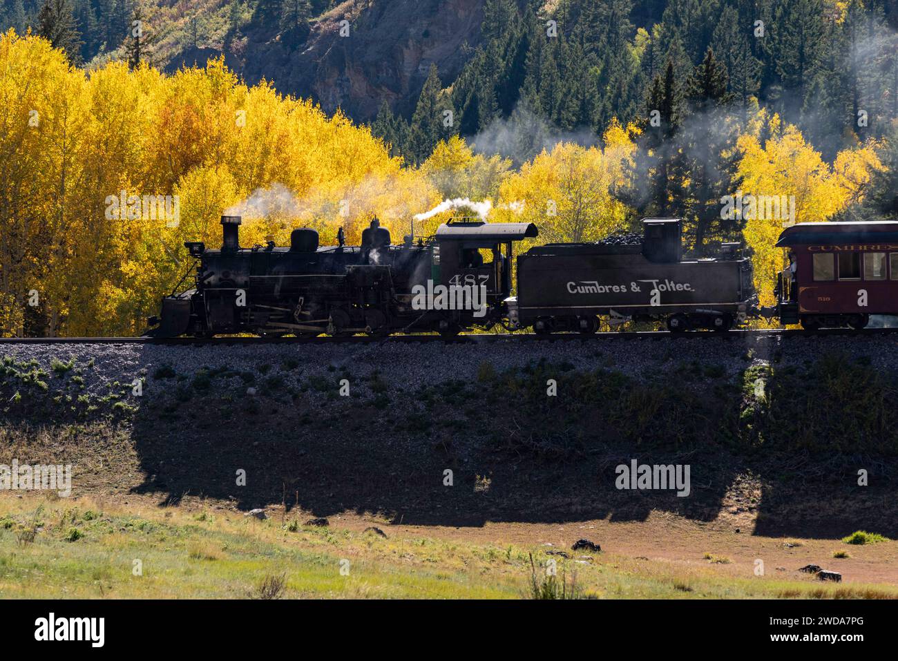 Pedalando sulla Cumbres & Toltec Scenic Railroad attraverso l'aspens, da Chama, New Mexico Foto Stock