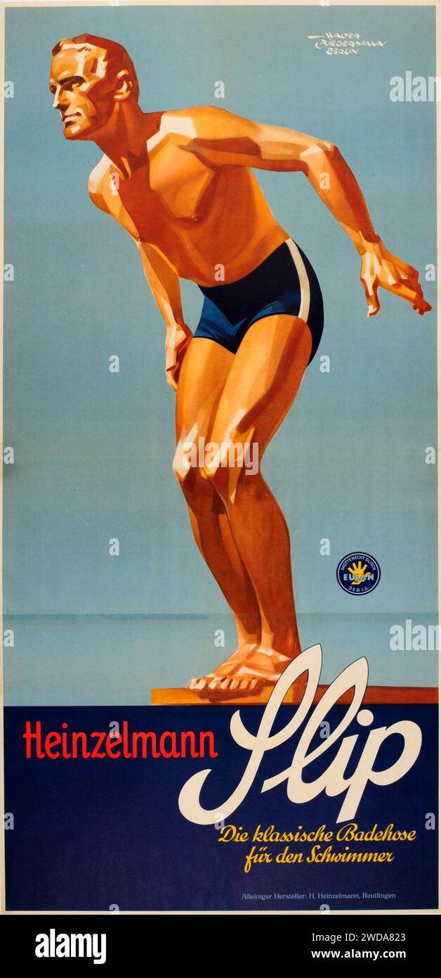 1935 circa Walter Biedermann Plakat Heinzelmann Slip Badehose mit Eulan der I.G. Farben. Foto Stock