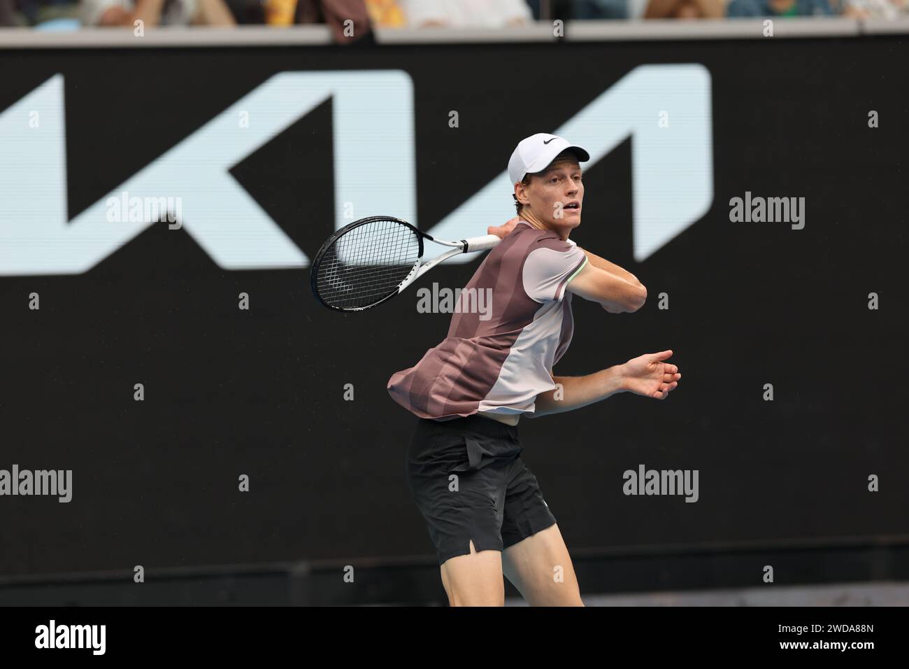 19 gennaio 2024: Melbourne, Victoria, Australia. Australia Open Tennis Tournament, giorno 6; Jannik Sinner (ITA) durante la sua partita del terzo turno contro Sebastian Baez (ARG) Foto Stock