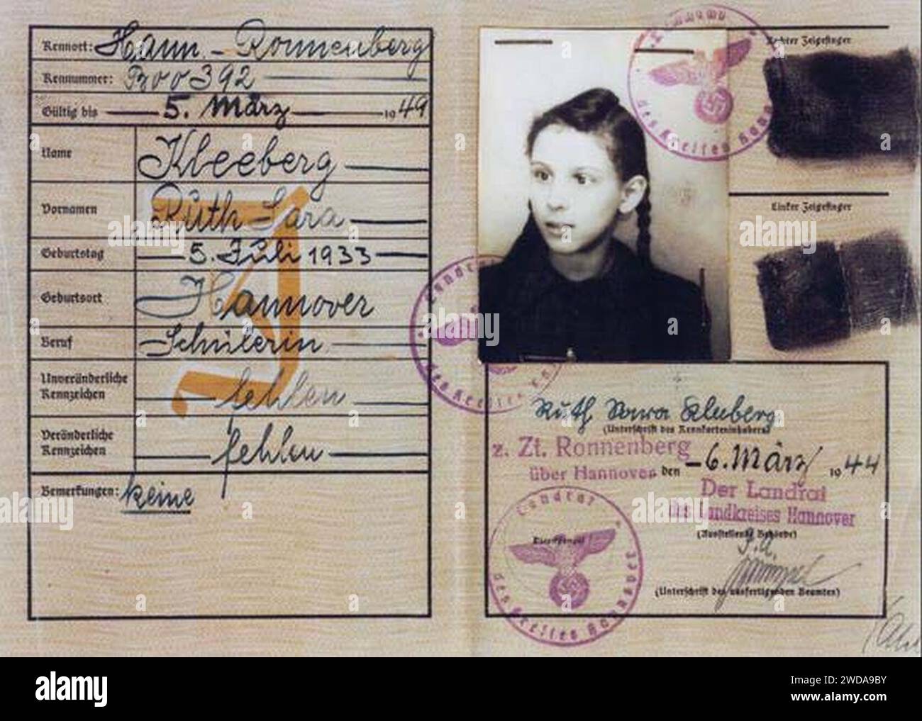 1944-03-06 Personalausweis der Schülerin Ruth Sara Kleeberg a Ronnenberg, ausgestellt vom Landrat des Landkreises Hannover. Foto Stock