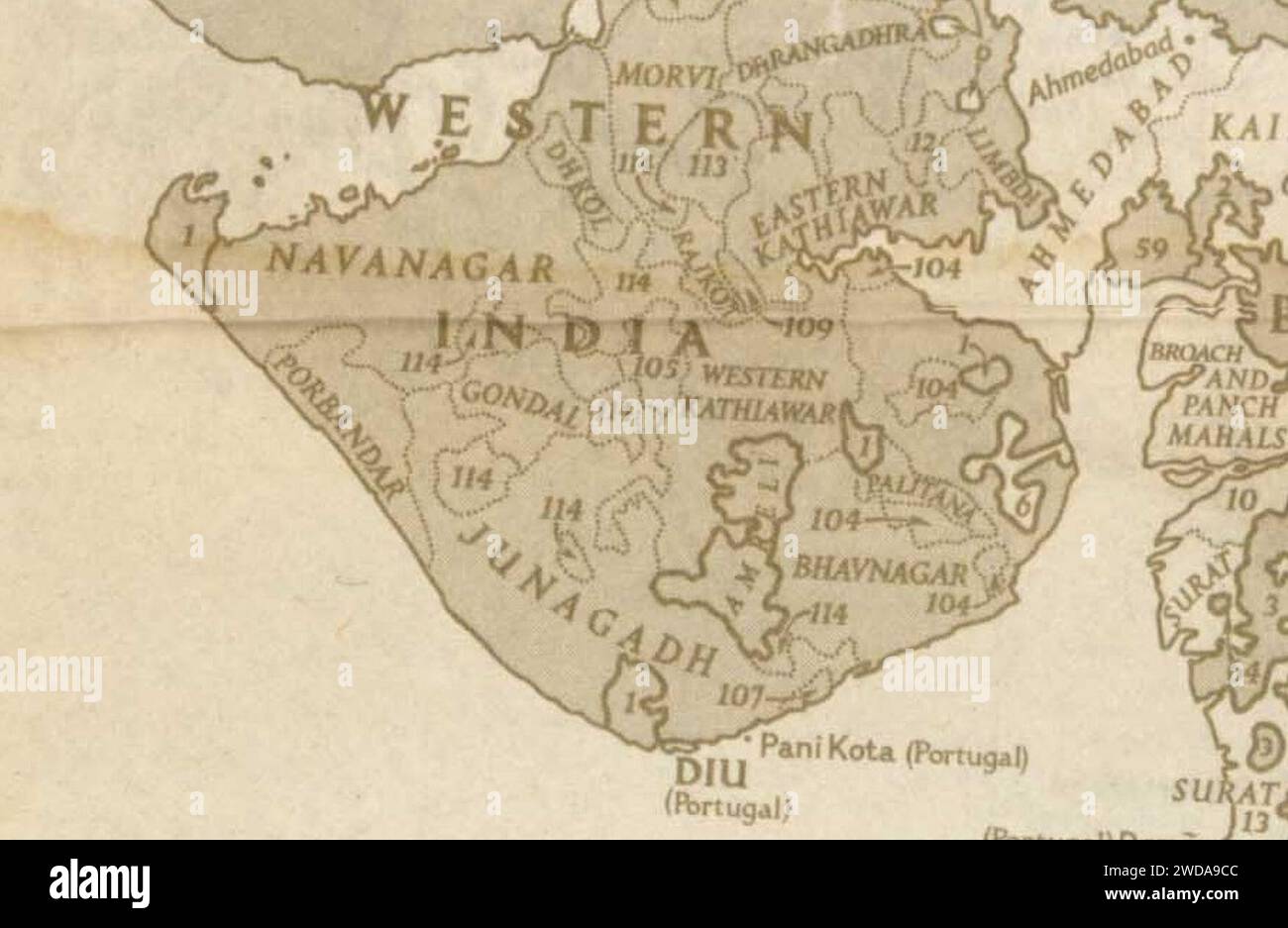 1946 mappa della penisola di Kathiawar per National Geographic. Foto Stock