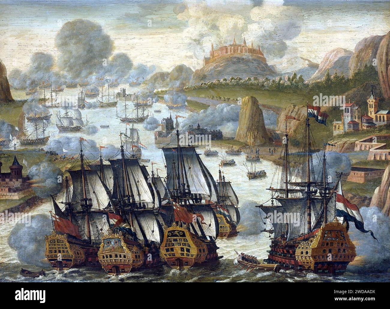 BATTAGLIA DELLA BAIA DI VIGO il 23 ottobre 1702 tra navi inglesi/olandesi e una flotta franco-spagnola Foto Stock