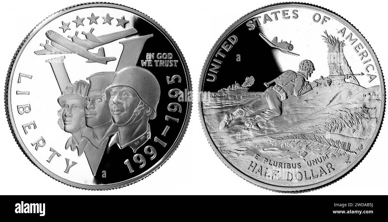 1993 mezzo dollaro a prova di anniversario della seconda guerra mondiale. Foto Stock