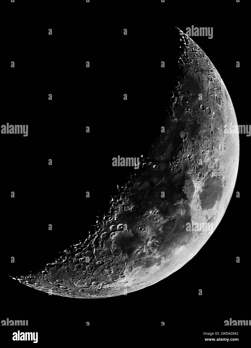 La Luna attraverso il telescopio, la cera Crescent Moon Foto Stock