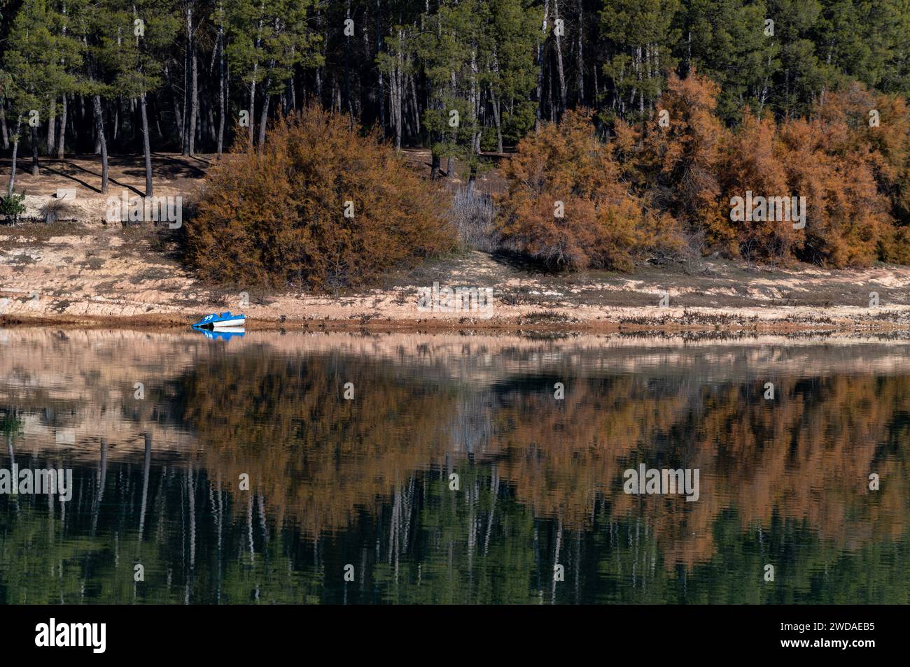 Riflessi della foresta e una barca blu nelle acque calme di un lago Foto Stock