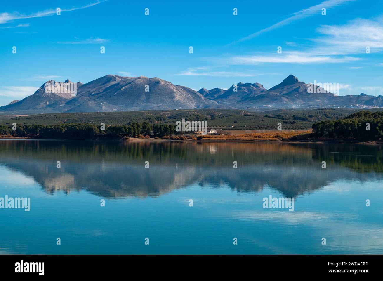 Riflesso di montagne e alberi in un bacino idrico di Granada (Spagna) in una soleggiata mattinata d'inverno Foto Stock