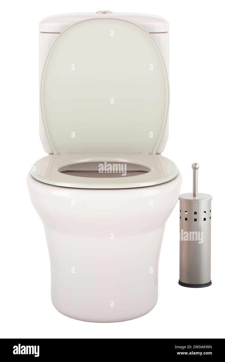 Ciotola per WC e spazzolino per WC con supporto. Rendering 3D isolato su sfondo bianco Foto Stock