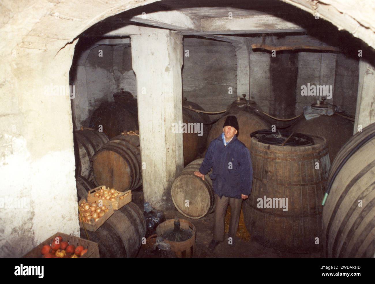 Tifesti, Contea di Vrancea, Romania, 2000. Enologo locale all'interno della sua cantina piena di botti nel seminterrato della sua casa. Foto Stock