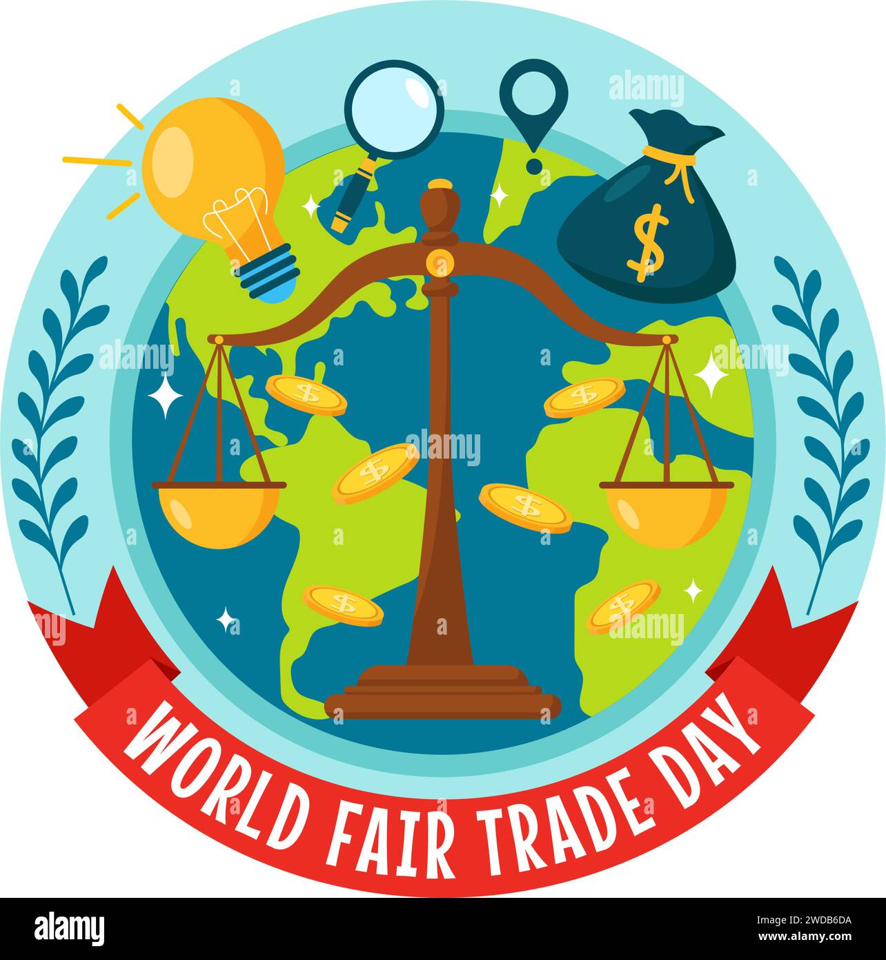 Illustrazione vettoriale della giornata mondiale del commercio l'11 maggio con monete d'oro, bilance e martello per la giustizia climatica e il pianeta economico in fondo piatto Illustrazione Vettoriale