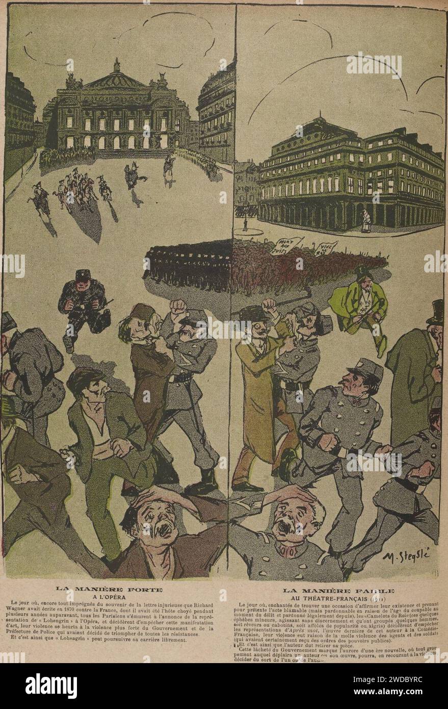 19110415 caricature d'ouvriers, de policiers et de Camelots du ROI dans l'Assiette au beurre. Foto Stock