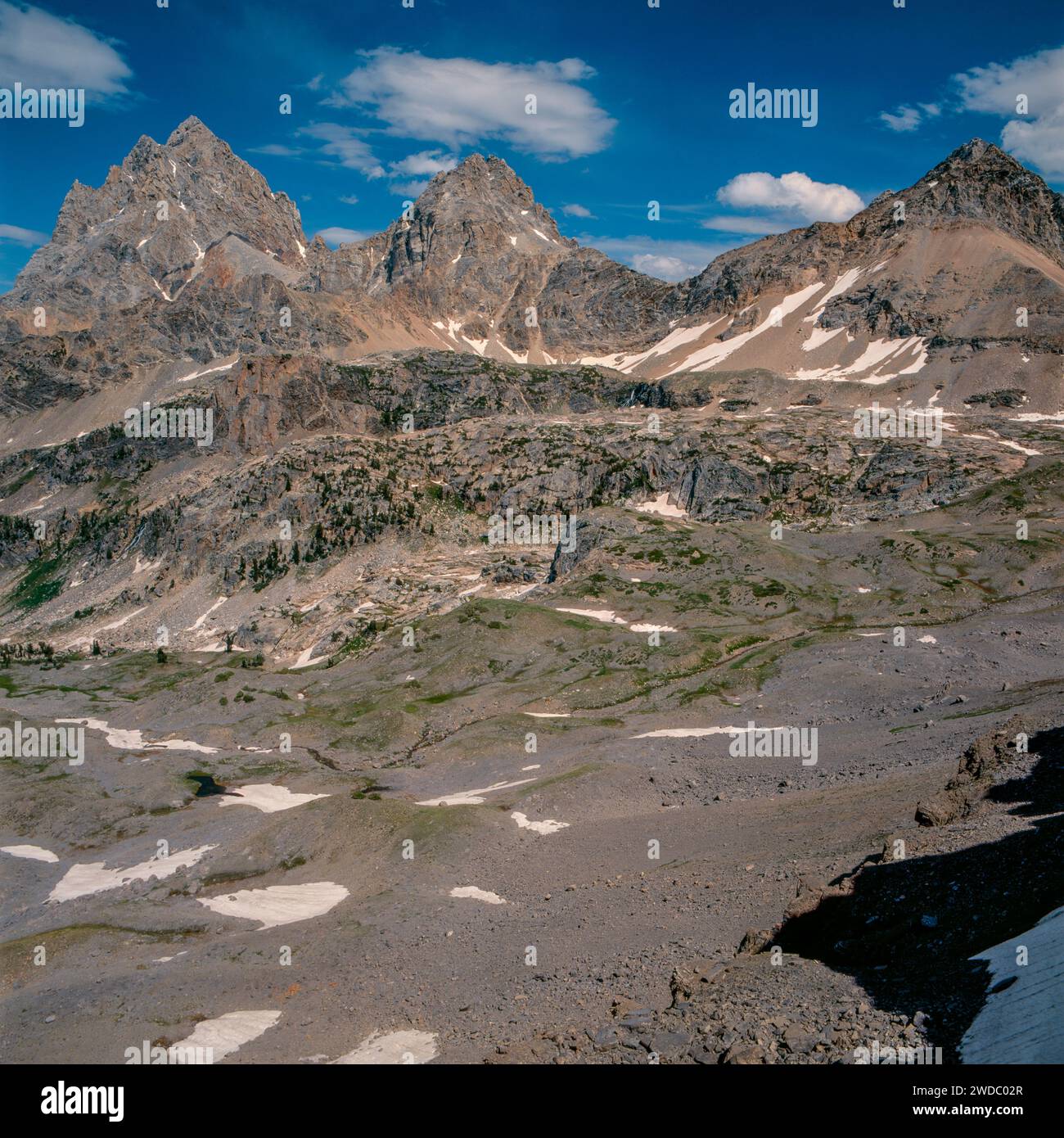 Grand Teton, Middle Teton, South Teton, Hurricane Pass, Upper Cascade Canyon, Grand Teton National Park, Wyoming Foto Stock