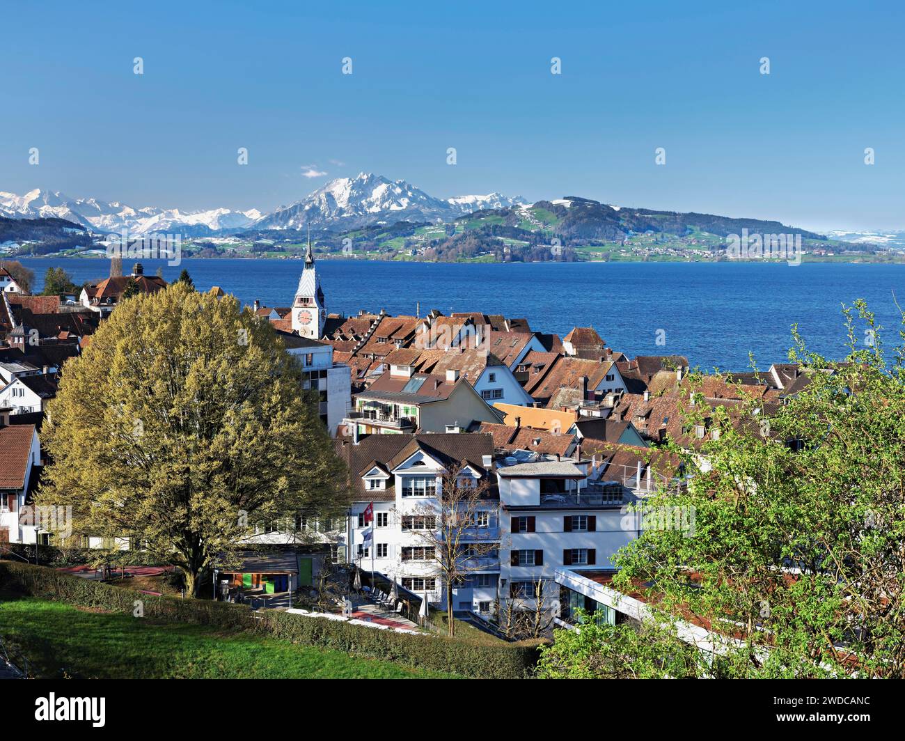 Vista dal roseto del Guggi allo Zytturm, alla chiesa, alla città vecchia, a Pilatus sullo sfondo, a Zug, a Canton Zug, in Svizzera Foto Stock