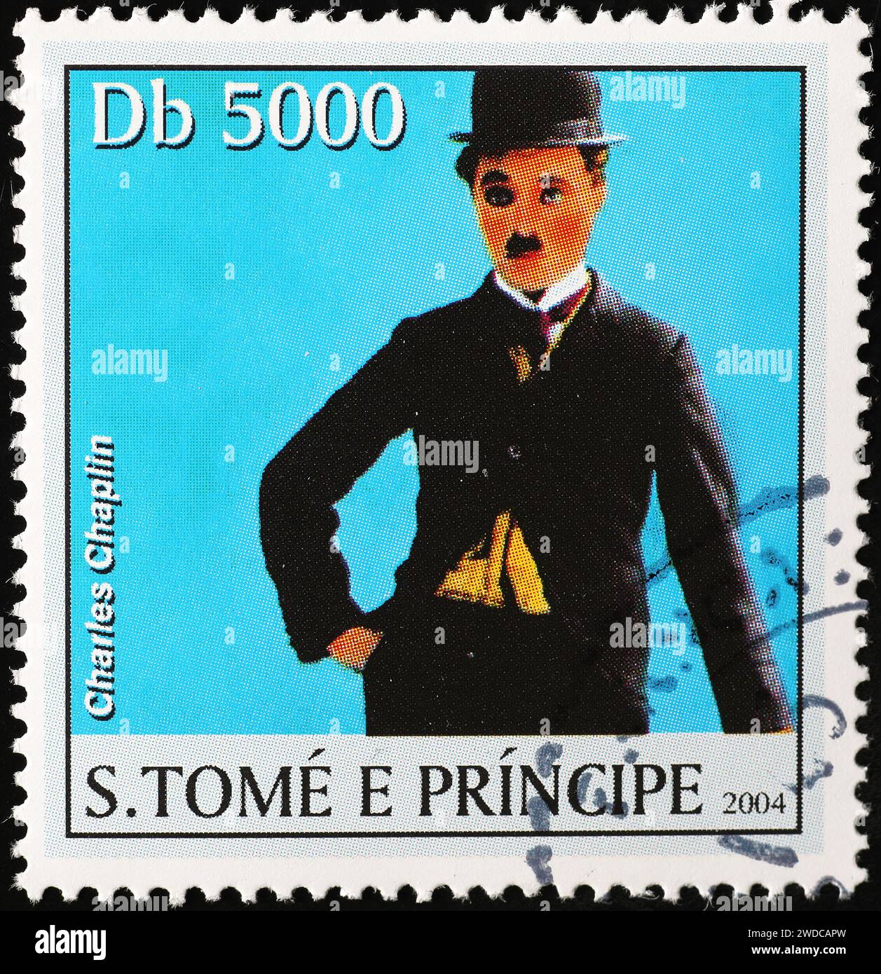 Charles Chaplin è Charlot su francobollo africano Foto Stock