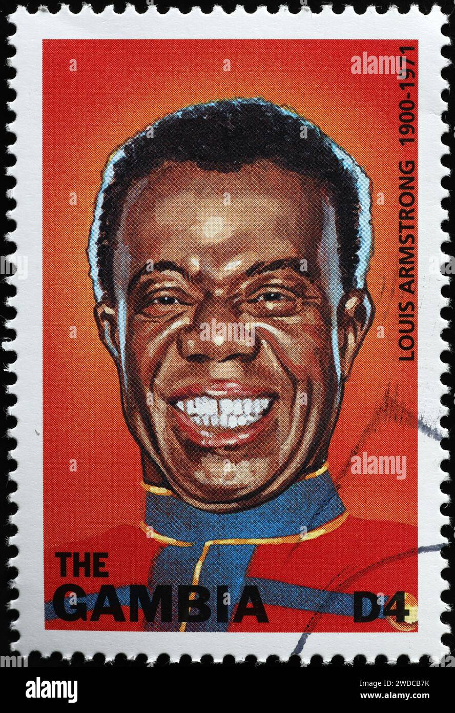 Louis Armstrong ritratto su francobollo del Gambia Foto Stock