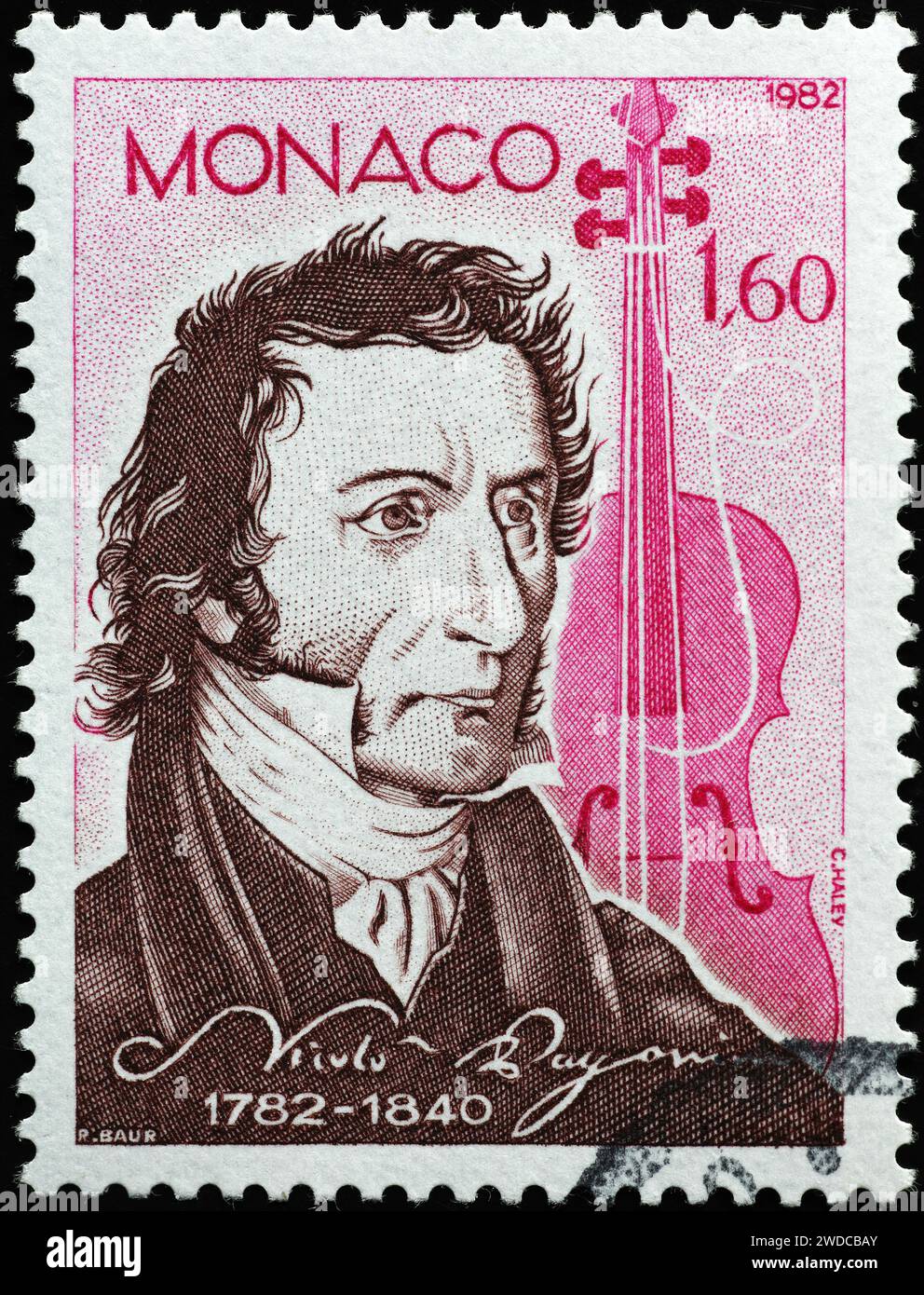 Niccolò Paganini ritratto su un vecchio francobollo di Montecarlo Foto Stock