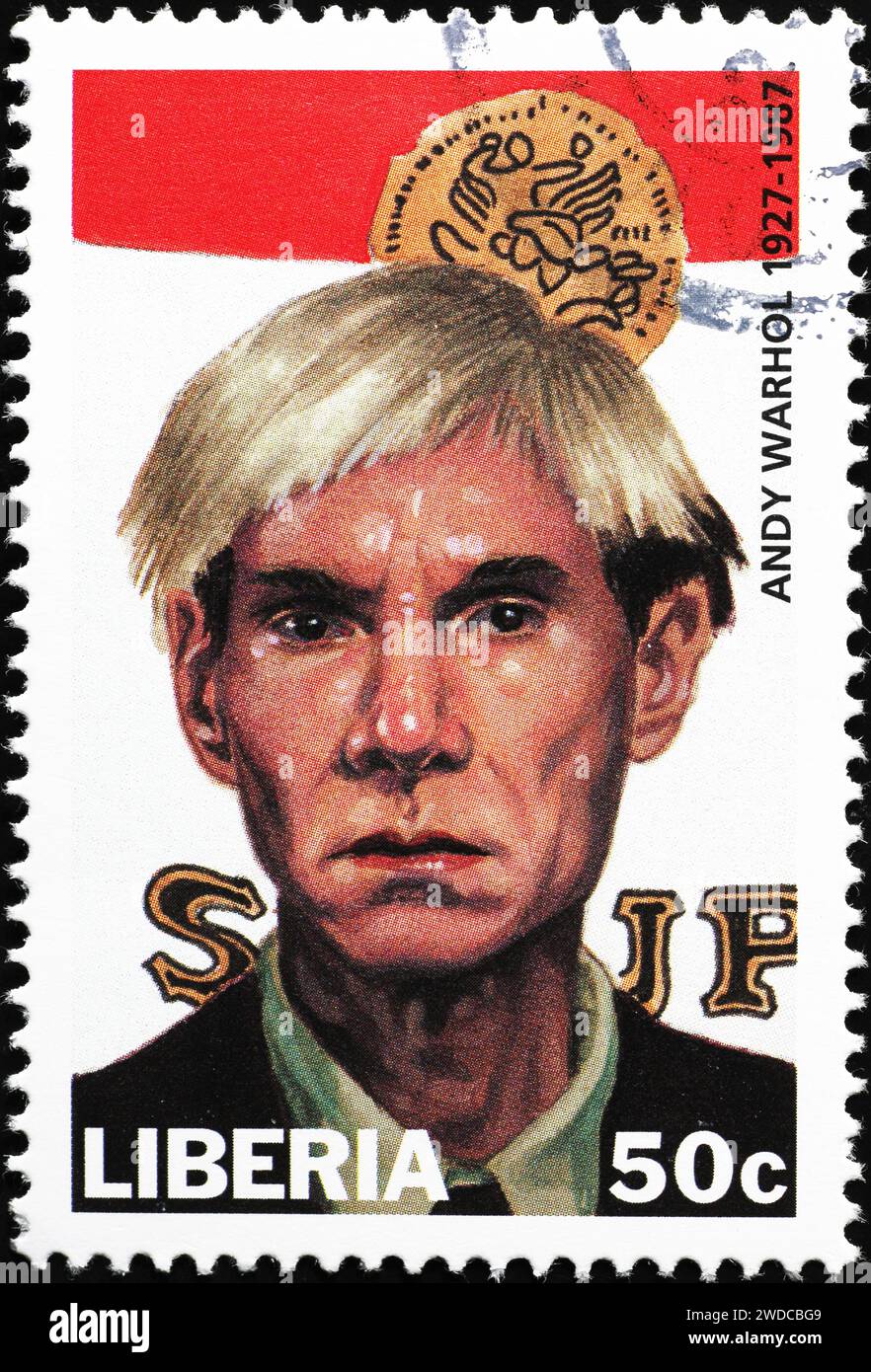 Ritratto di Andy Warhol su francobollo di Liberia Foto Stock