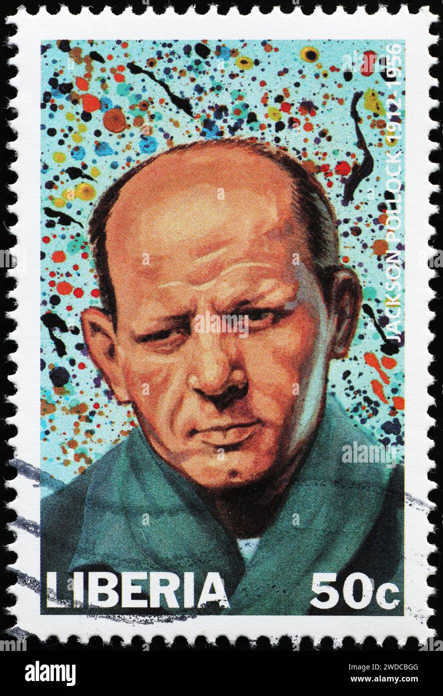 Ritratto di Jackson Pollock su francobollo della Liberia Foto Stock