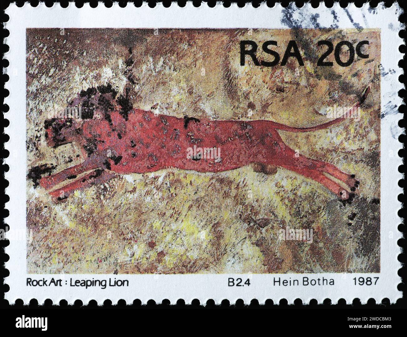 Raffigurazione preistorica di un leone che salta sul francobollo sudafricano Foto Stock