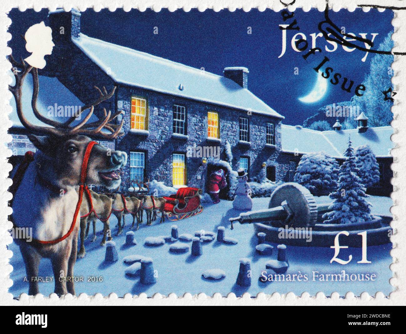 Babbo Natale in un fartopo di Jersey su francobollo Foto Stock