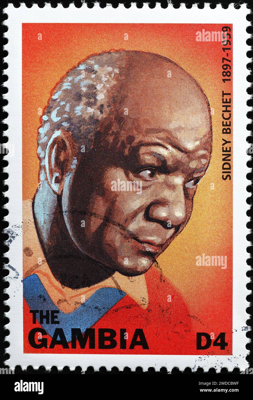 Sidney Bechet ritratto su francobollo del Gambia Foto Stock