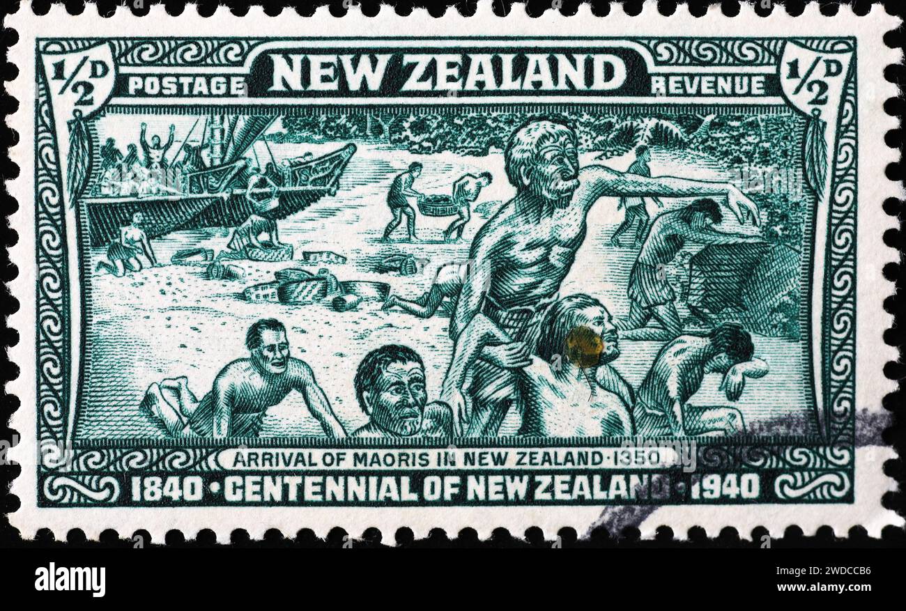 Arrivo di Maori in nuova Zelanda celebrato con un francobollo vintage Foto Stock