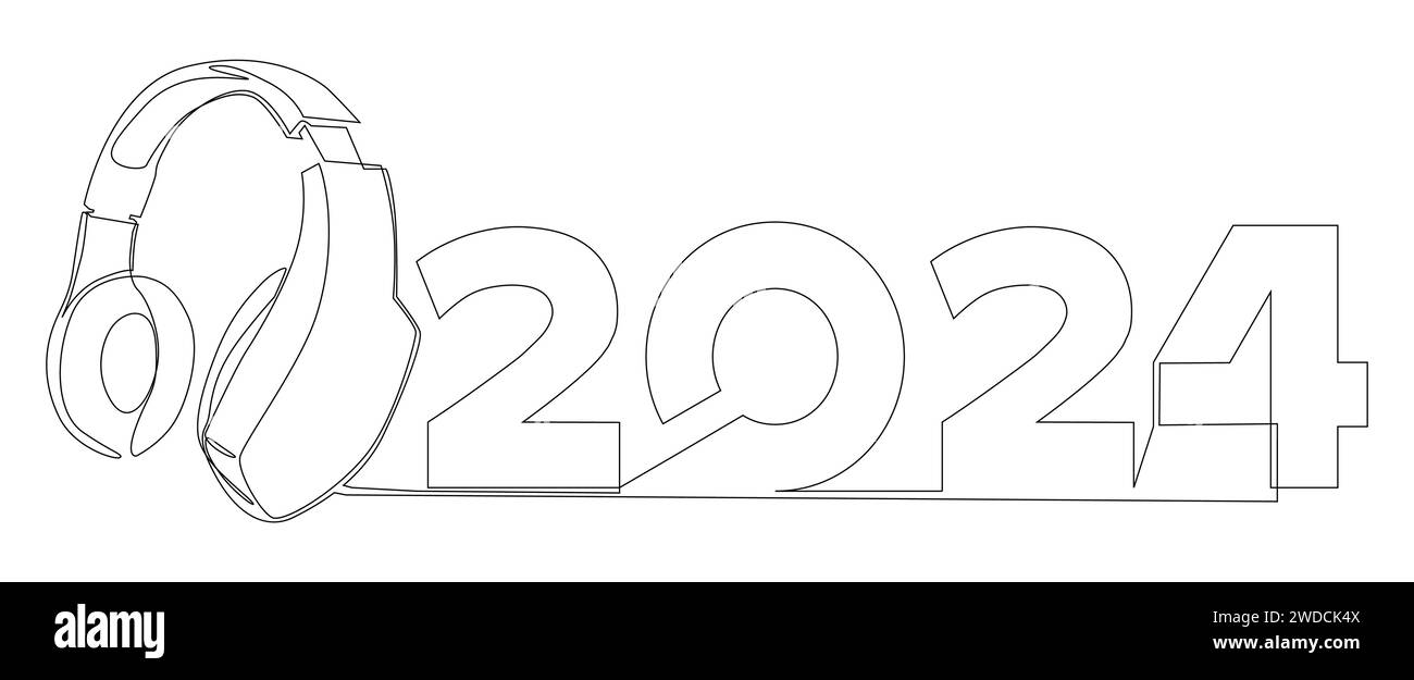 Una linea continua di cuffie e numero 2024. Concetto vettoriale illustrazione a linee sottili. Idee creative per disegnare contorni. Illustrazione Vettoriale