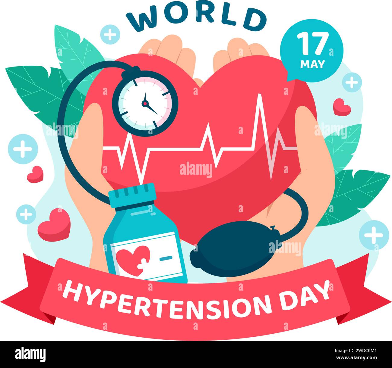 Giornata mondiale dell'ipertensione illustrazione vettoriale il 17 maggio con alta pressione sanguigna, tensimetro e Red Love Image in Healthcare sfondo piatto Illustrazione Vettoriale