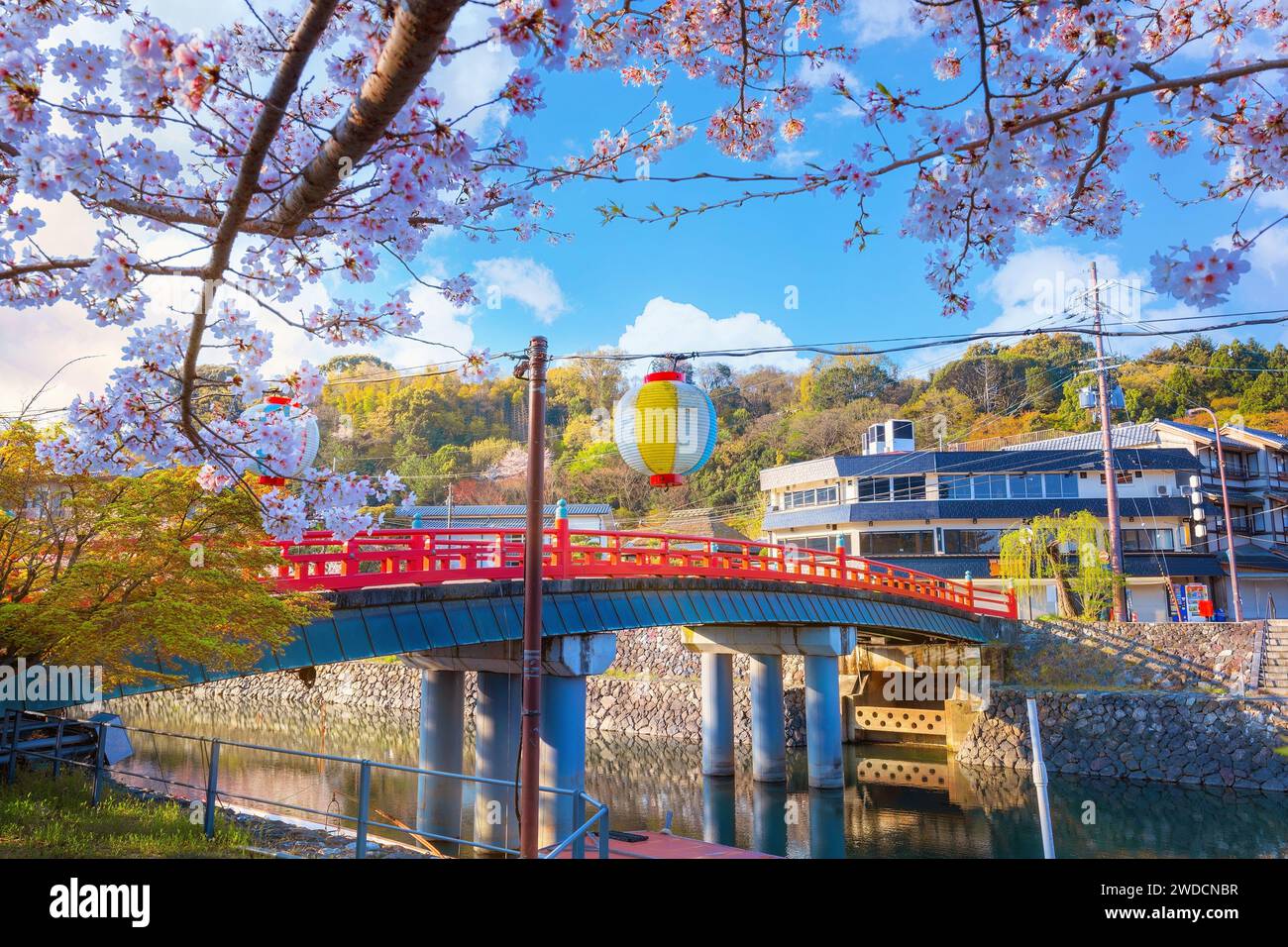 Kyoto, Giappone - 1° aprile 2023: Il Parco Prefettura di Uji con fioritura dei ciliegi è il simbolo della città di Uji, con uno splendido paesaggio della città e delle pubbliche relazioni Foto Stock