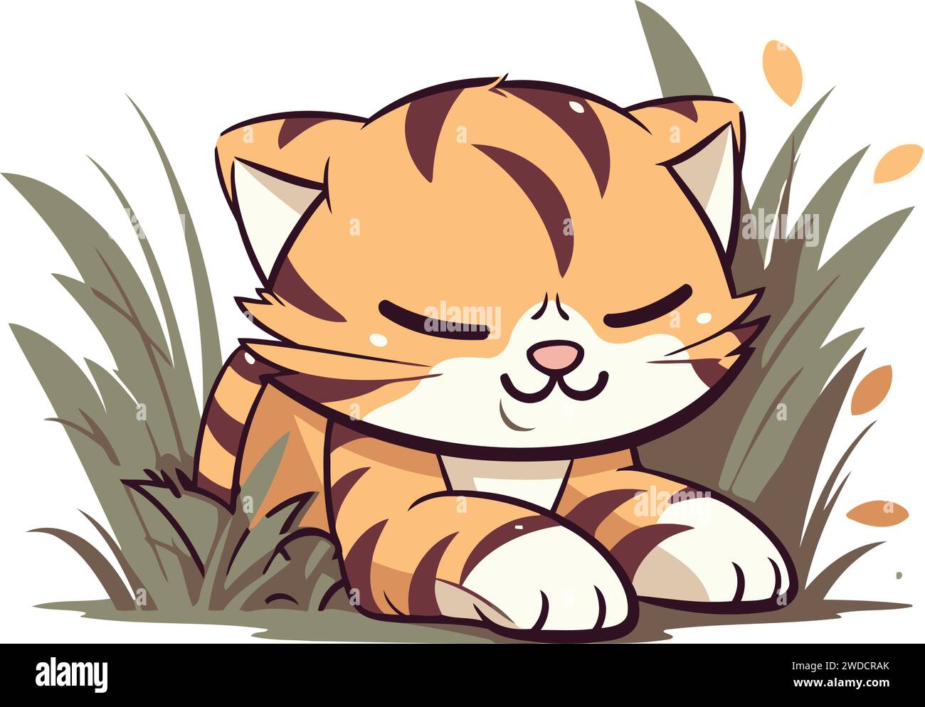 Carina tigre dei cartoni animati che giace nell'erba. Illustrazione vettoriale isolata su sfondo bianco. Illustrazione Vettoriale