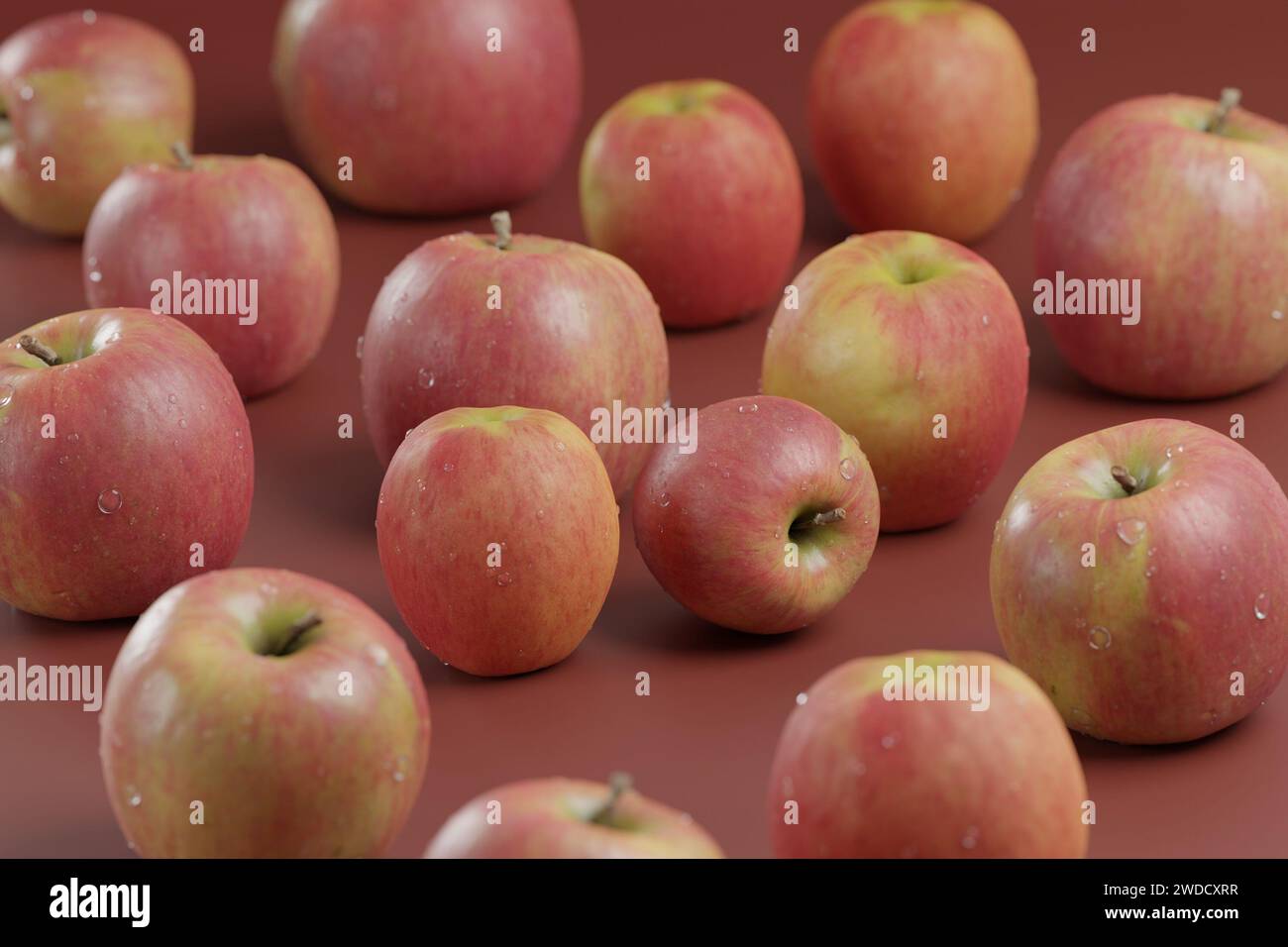 Fotografia ravvicinata di mele fresche con gocce di rugiada Foto Stock