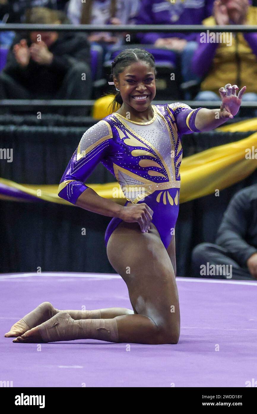 19 gennaio 2024: Kiya Johnson della LSU esegue la sua routine a pavimento per un 10,00 perfetto durante l'azione di ginnastica NCAA tra i Kentucky Wildcats e i LSU Tigers al Pete Maravich Assembly Center di Baton Rouge, LOUISIANA. Jonathan Mailhes/CSM Foto Stock