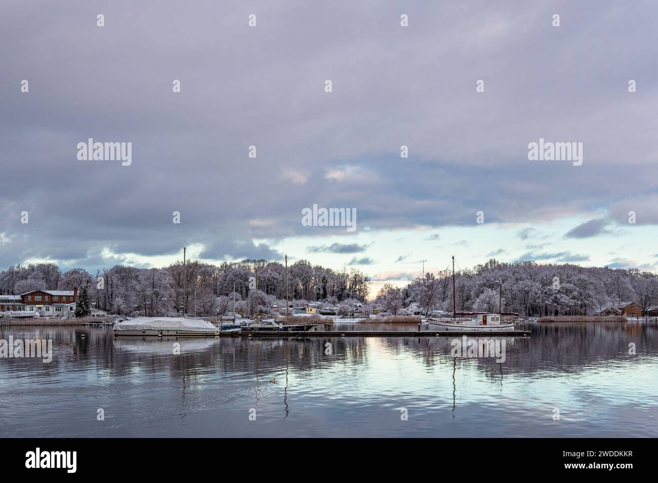 Ammira il Warnow in inverno nella città anseatica di Rostock, Germania. Foto Stock