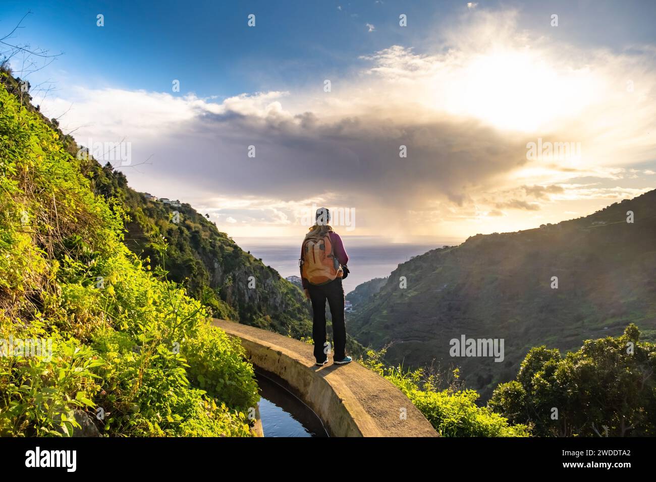 Turista a Levada do Norte sull'isola portoghese di Madeira. Canale di irrigazione di Levada. Escursioni a Madeira. Sentiero stretto vicino alla levada. Verde Foto Stock