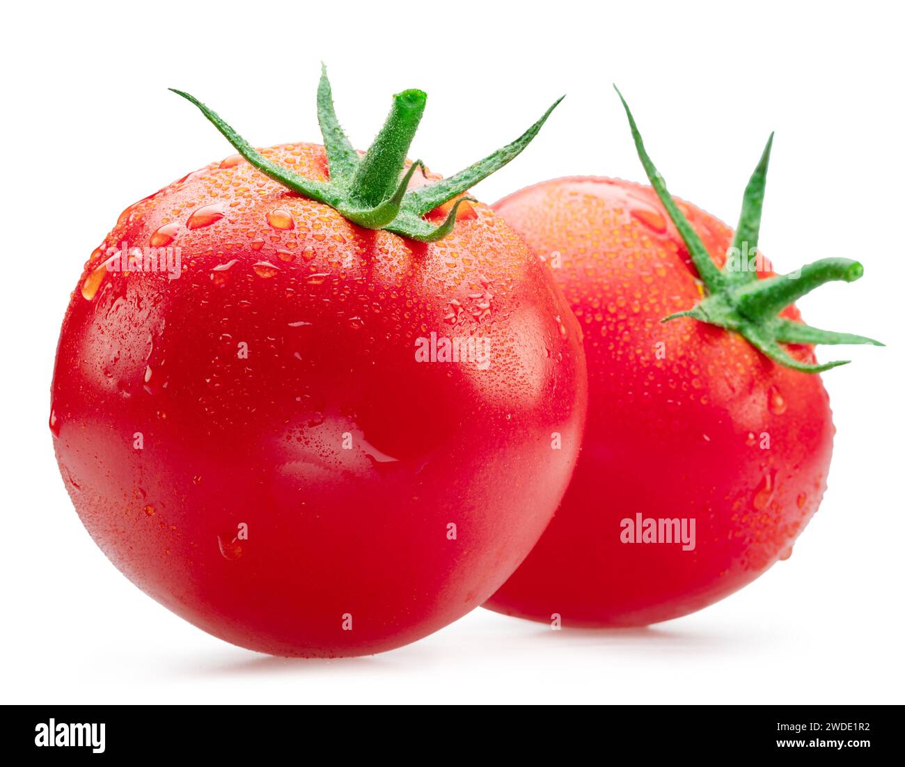 Pomodori rossi appena lavati ricoperti di gocce d'acqua su sfondo bianco. Tracciato di ritaglio. Foto Stock