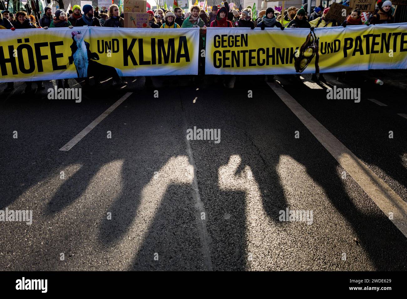 Berlino, Germania. 20 gennaio 2024. I partecipanti protestano contro la politica agricola con striscioni e cartelli durante una dimostrazione dell'alleanza "We're Fed Up" di fronte alla Willy Brand House. La manifestazione si è svolta sotto lo slogan "il buon cibo ha bisogno di un futuro!”. Crediti: Carsten Koall/dpa/Alamy Live News Foto Stock